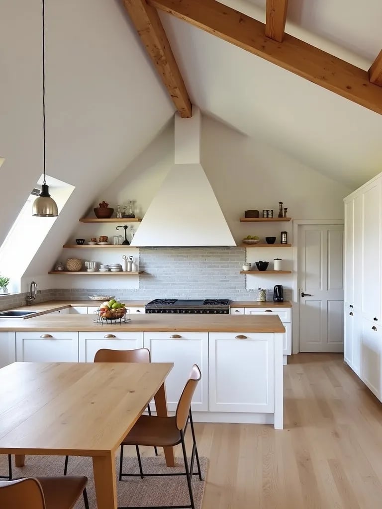 Kitchen with mix of open shelving and closed cabinets, large island