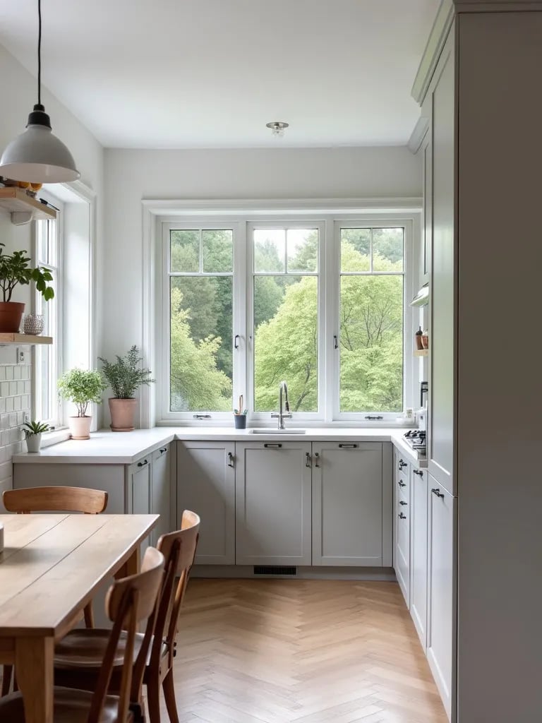 L shaped Scandinavian kitchen with breakfast nook and forest view