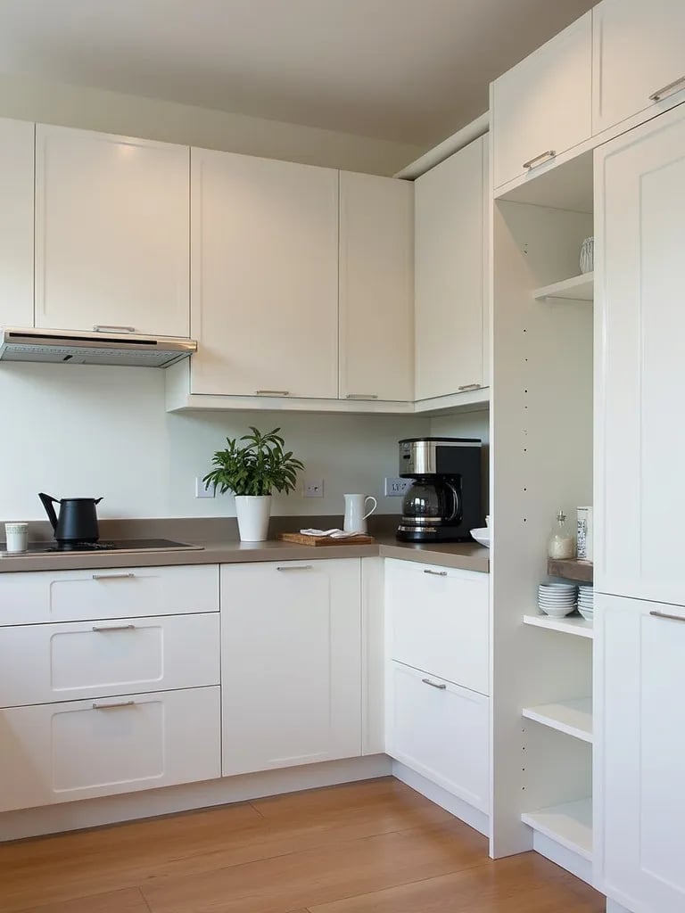 L shaped kitchen with built in coffee station and hidden pantry, showcasing corner utilization