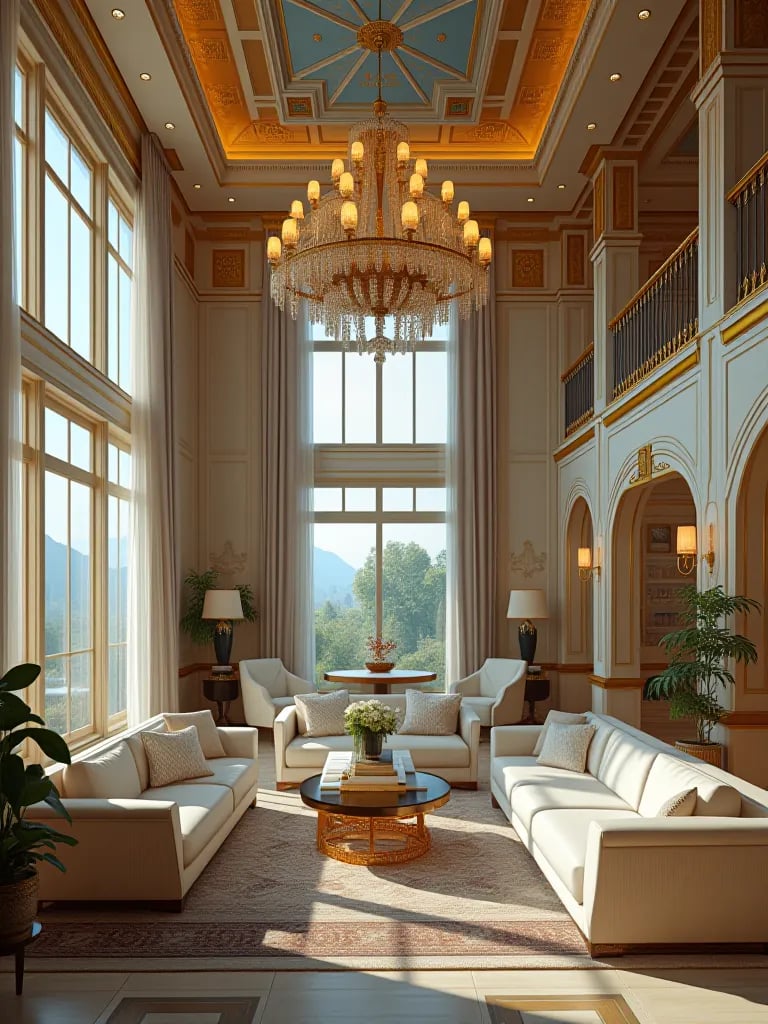 Lavish Art Deco living room with high ceilings and bold geometric designs