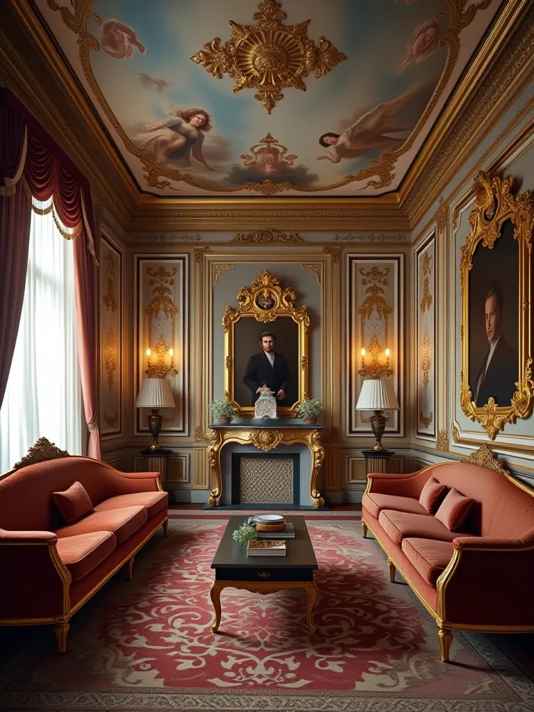 Lavish Baroque inspired living room featuring velvet upholstery and ceiling artwork