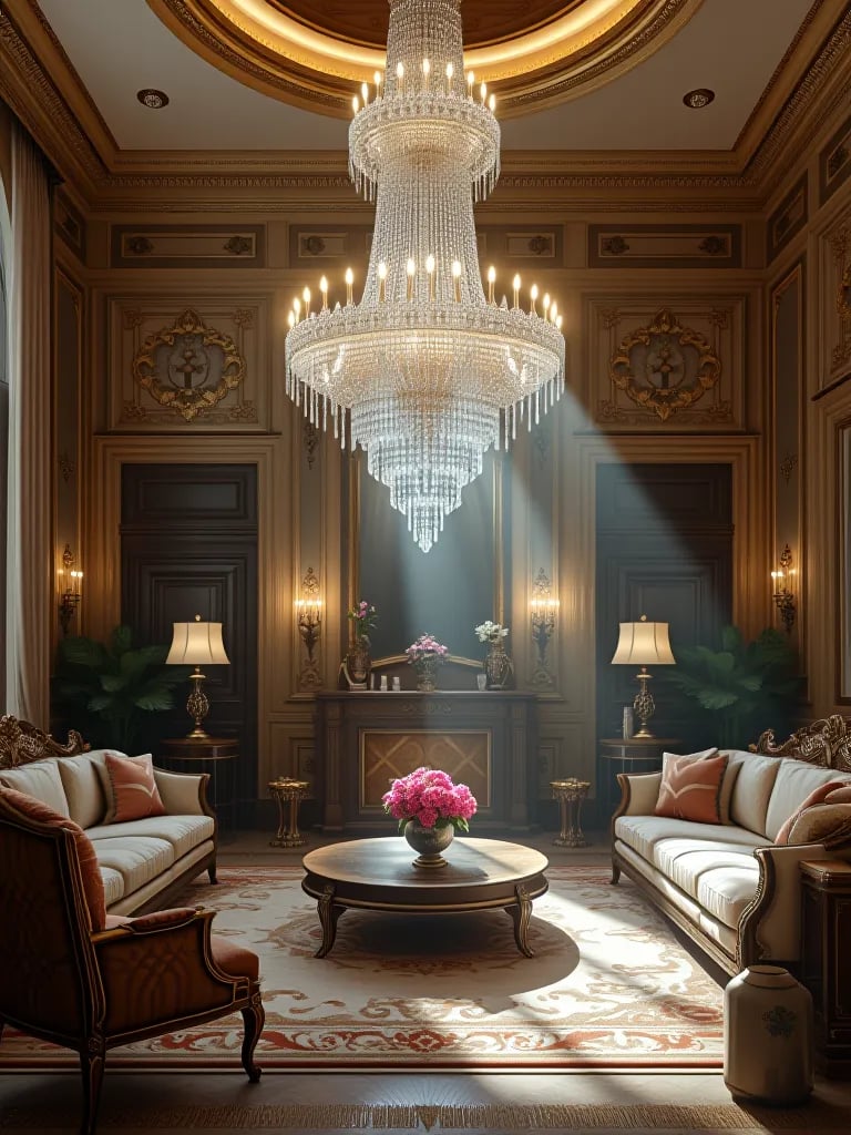 Lavish living area featuring an elaborate crystal chandelier and elegant furnishings