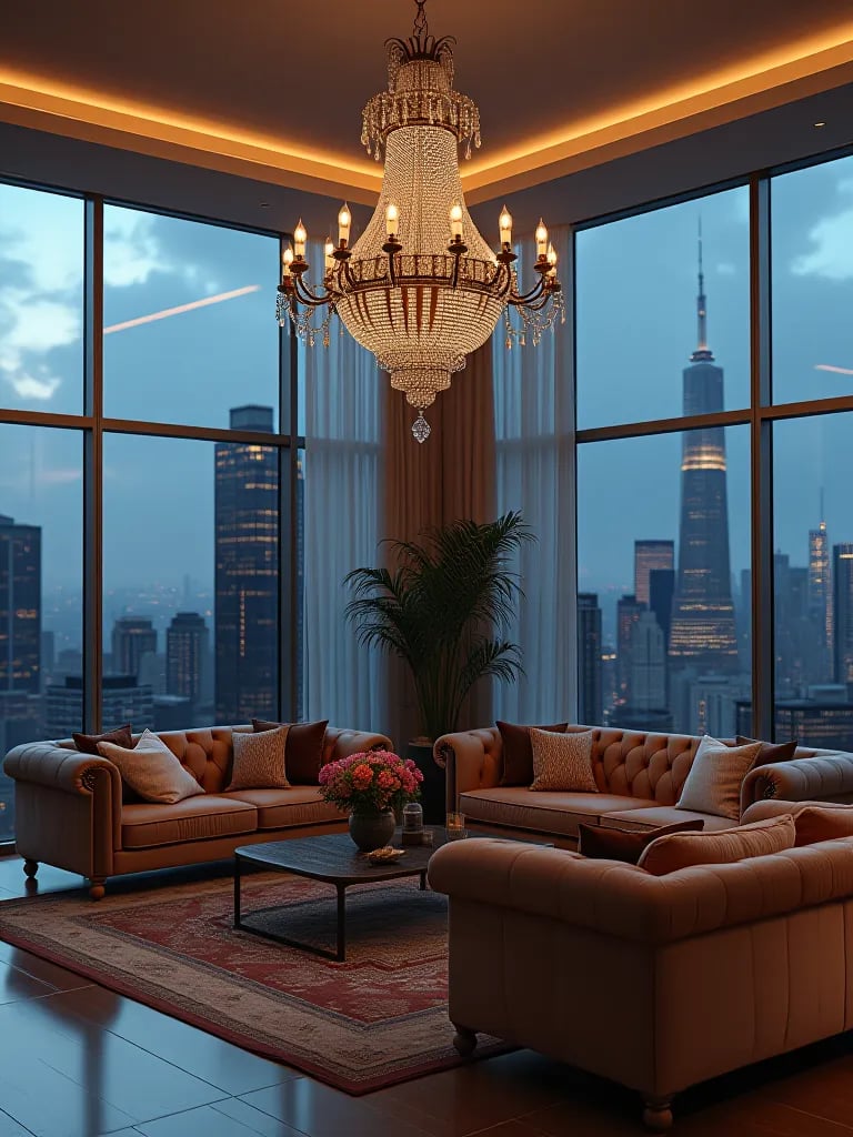 Lavish living room featuring crystal chandelier and city skyline view