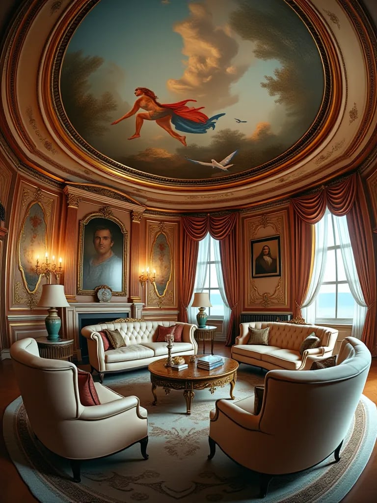 Lavish living room featuring domed ceiling, gold leaf moldings, and crystal sconces