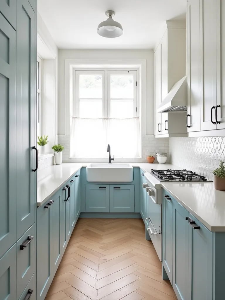 Light and airy Scandinavian kitchen with farmhouse sink and window