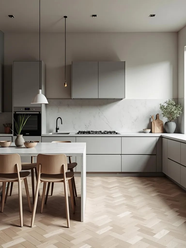 Light and airy Scandinavian style kitchen in tonal gray color scheme