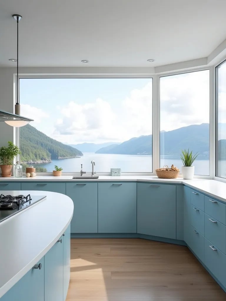 Light blue Scandinavian kitchen with curved bar and scenic window