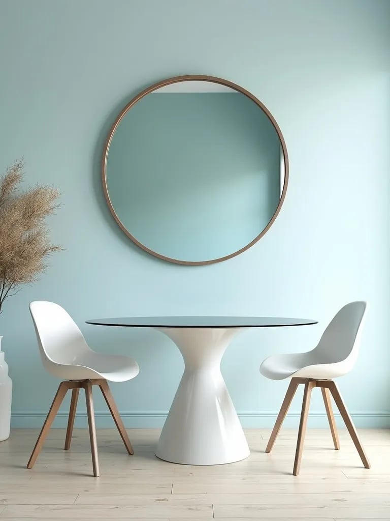 Light blue dining room with glass table, white chairs, and large mirror
