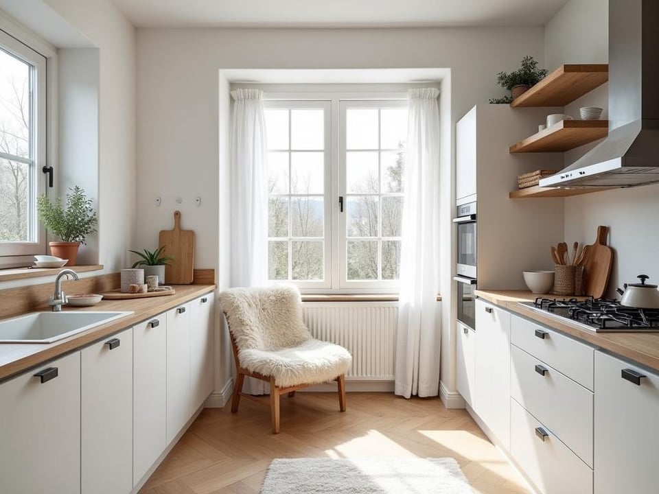 Light filled Scandinavian kitchen featuring minimalist design and comfortable seating area