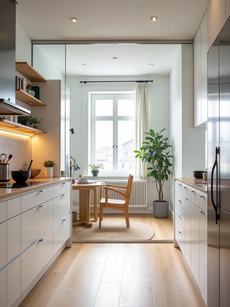Light filled Scandinavian kitchen separated from office by glass wall