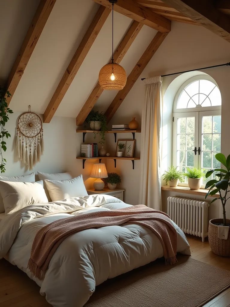 Light filled bohemian attic bedroom with cozy reading nook
