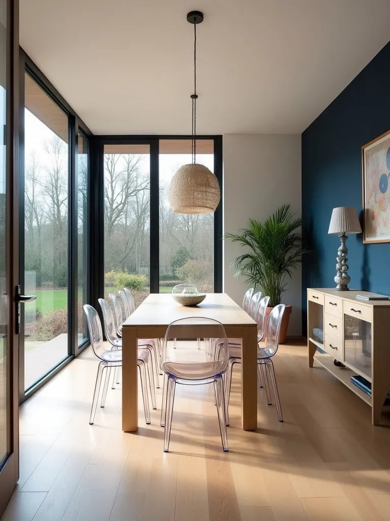 Light filled dining area with wooden table and blue feature wall