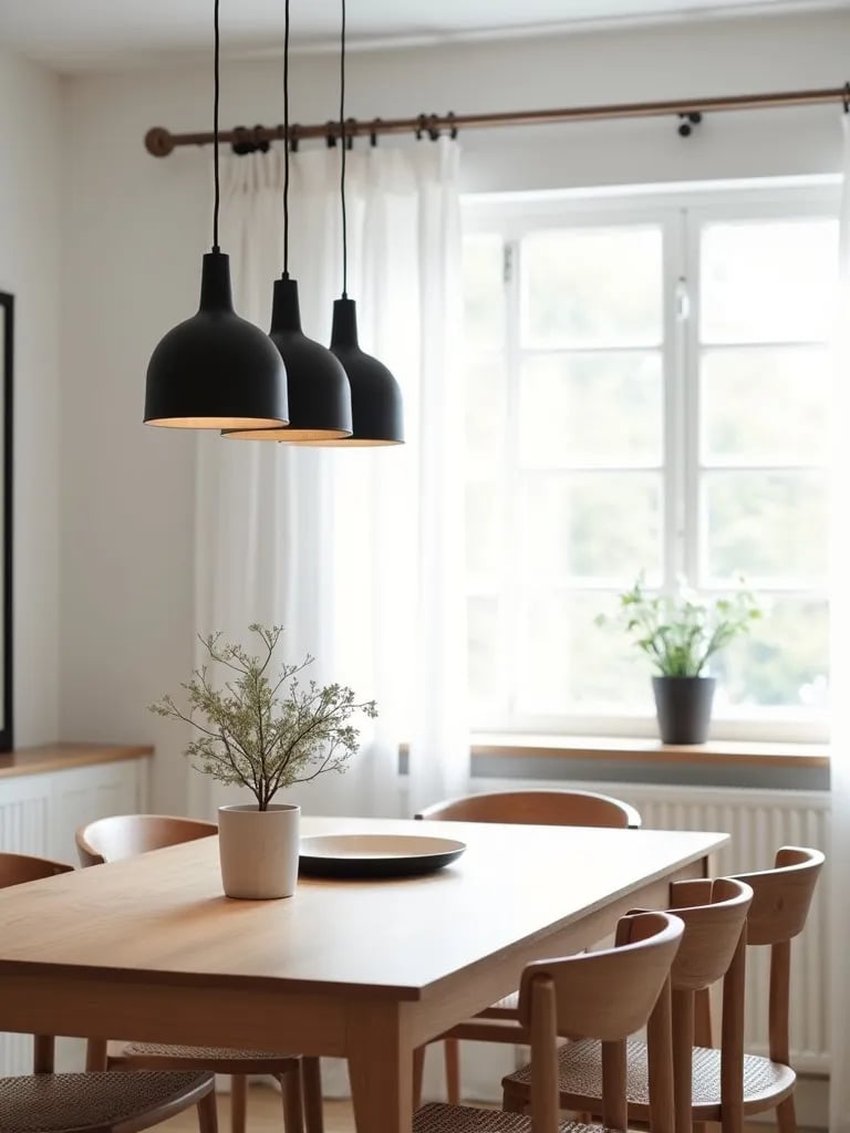 Light filled dining space with row of black dome lights above wooden table