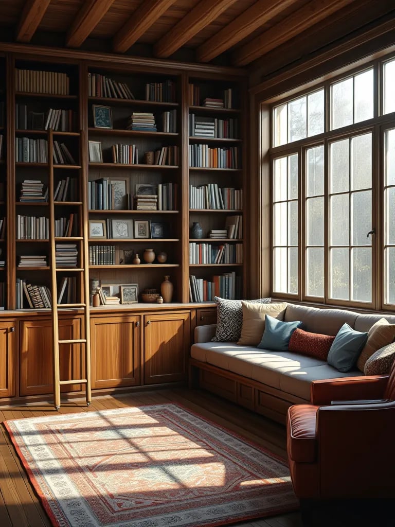 Light filled rustic living room with extensive bookshelves and window seat