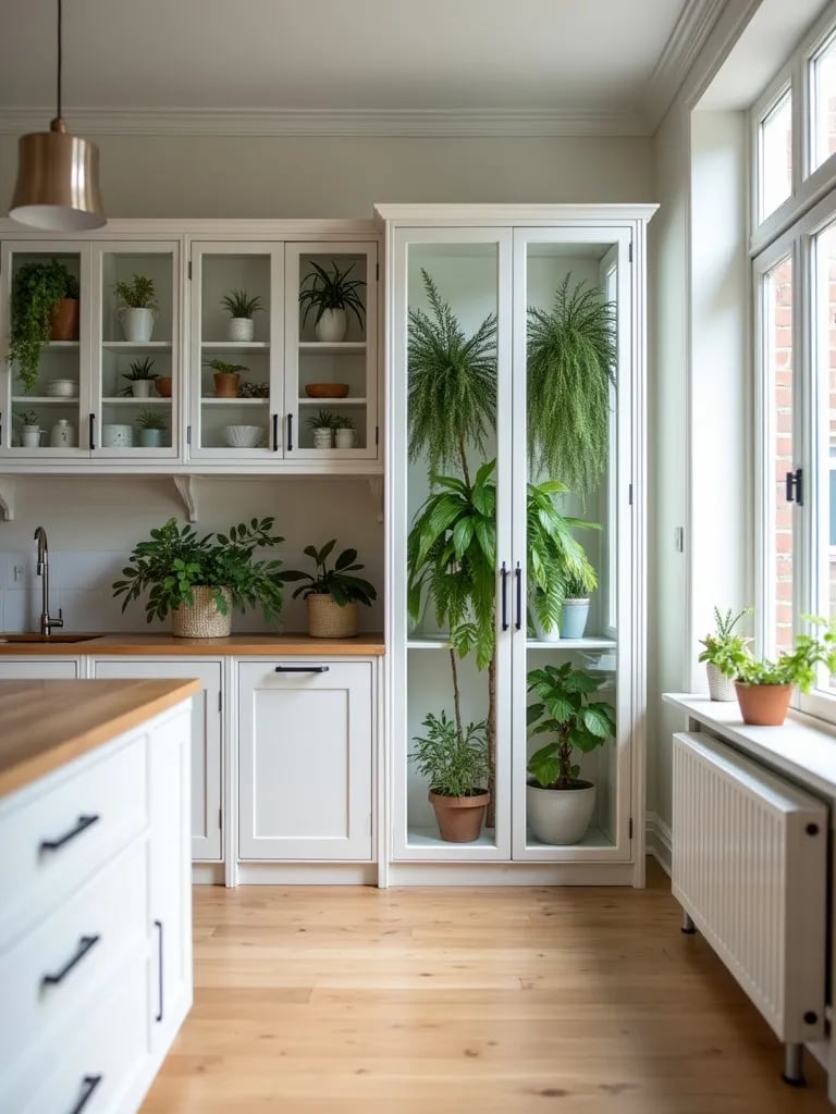 Light wood Scandinavian kitchen featuring cabinet filled with tropical plants