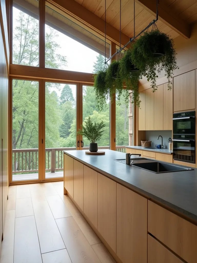 Light wood kitchen with concrete countertop and forest view