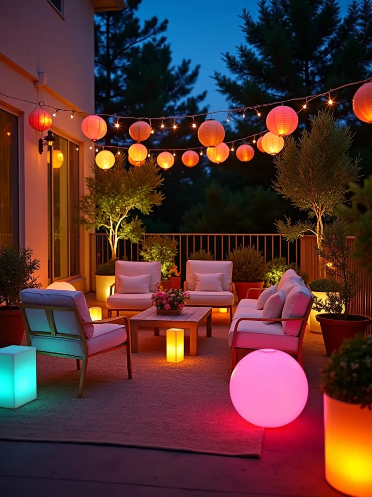 Lively balcony party setup with various colorful lighting elements