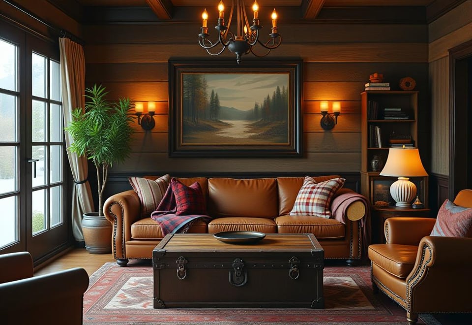 Living room blending rustic and vintage elements with plaid accents