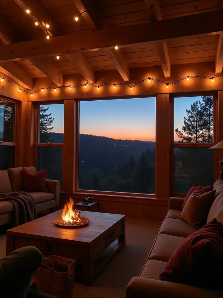 Living room with LED string lights on wooden beams and sunset view