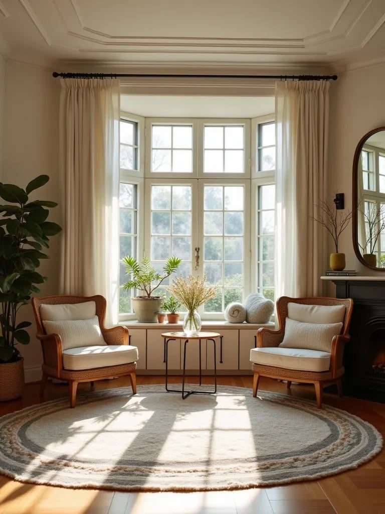 Living room with bay window and mirrors reflecting sunlight