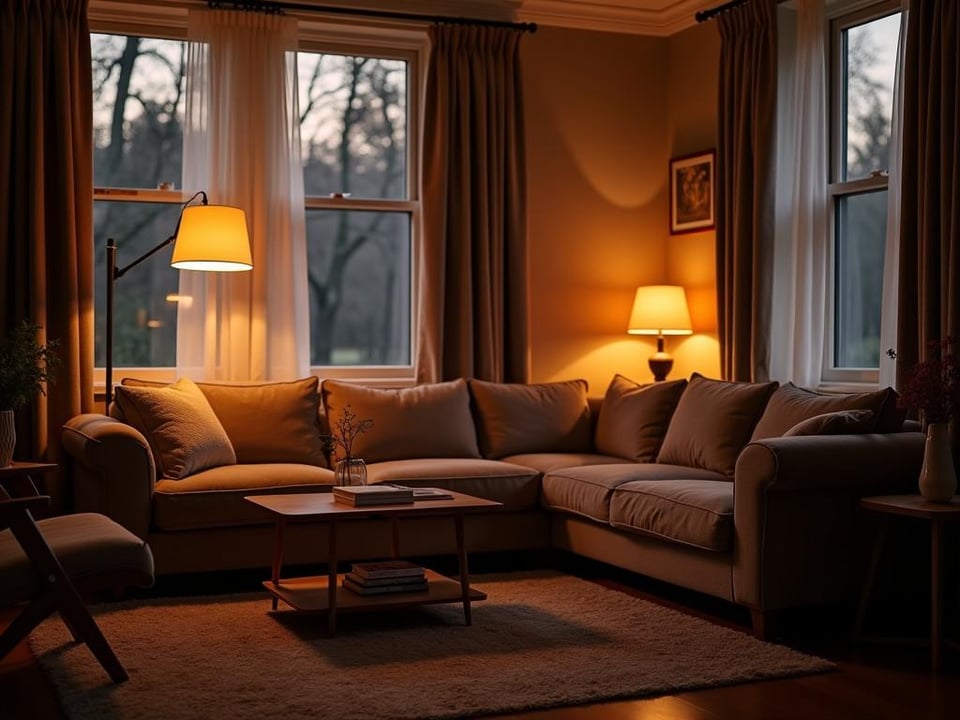 Living room with multiple light sources creating a layered lighting effect