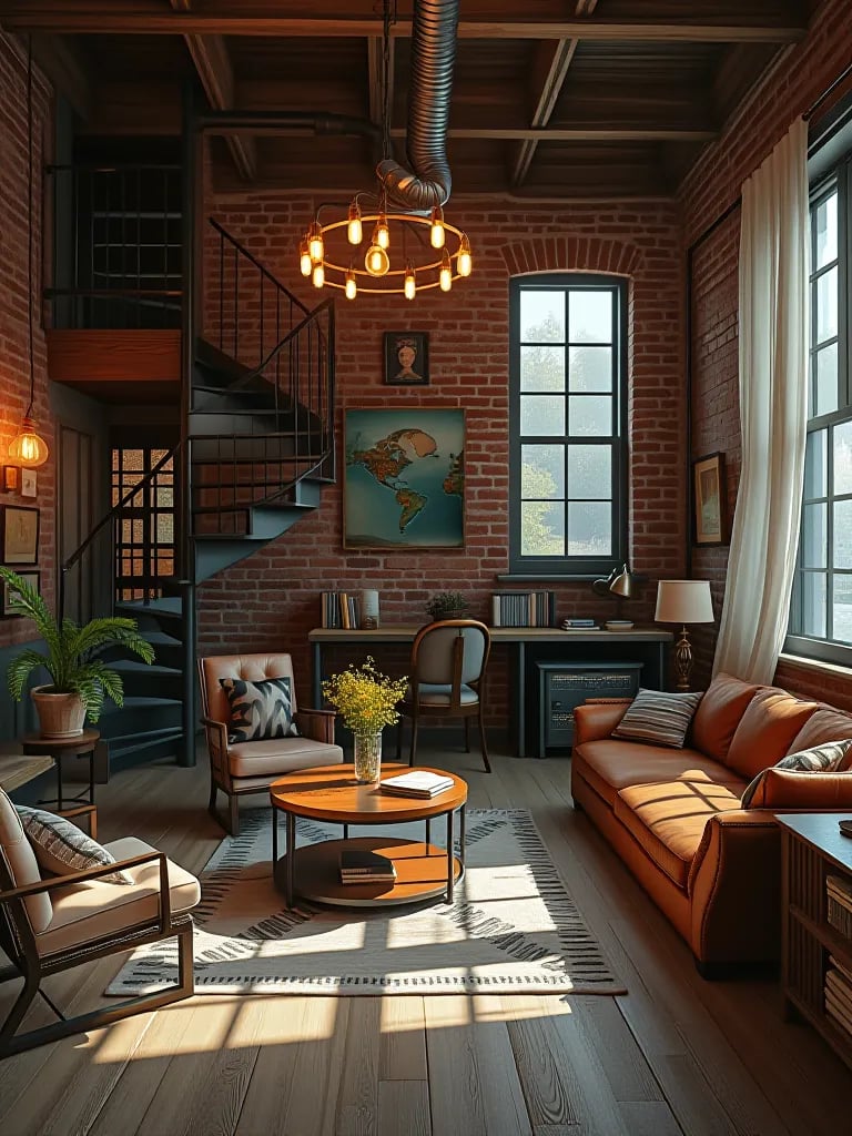 Loft style rustic living room with industrial elements and pendant lighting