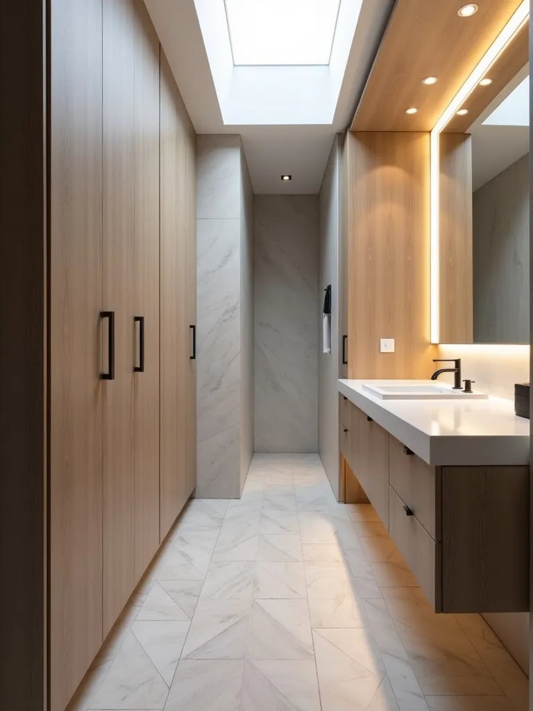 Long, narrow bathroom with trough sink, herringbone tiles, and natural light