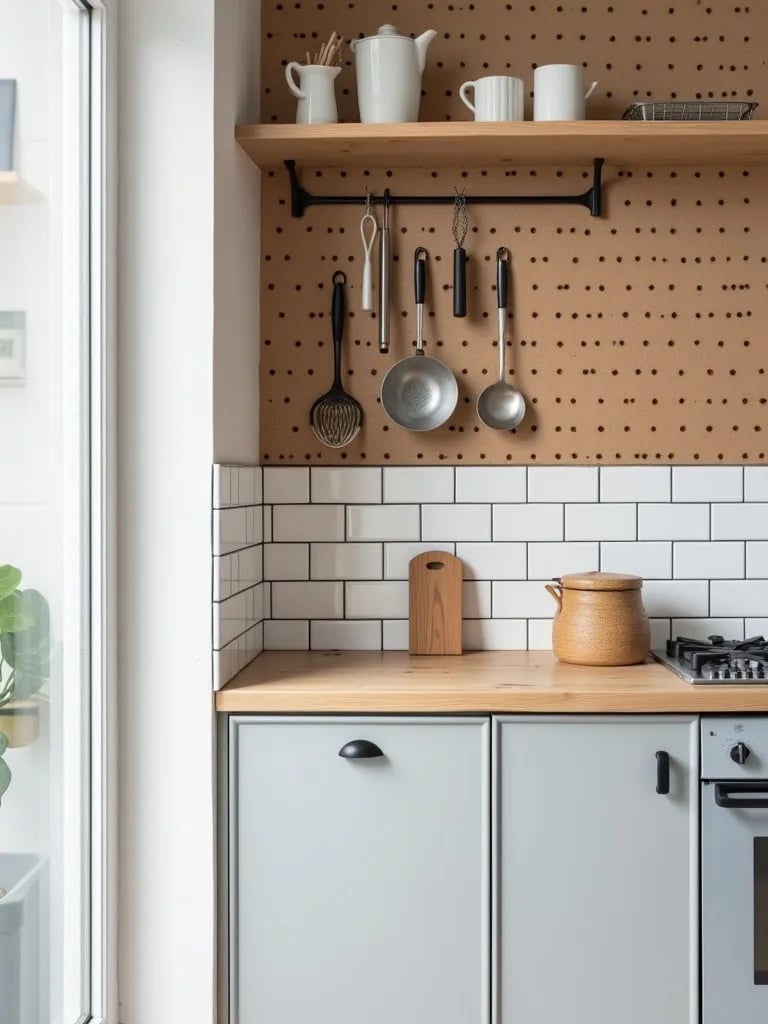 Low angle view of Scandinavian pegboard wall with hanging kitchen utensils