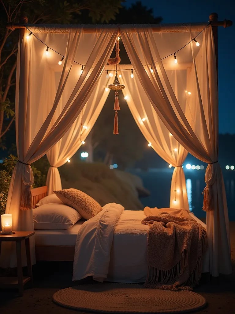 Low angle view of a DIY boho canopy bed with dramatic nighttime lighting