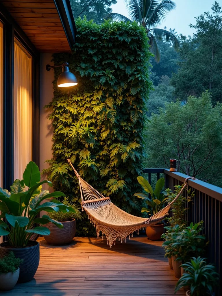 Lush balcony featuring fern wall, comfortable hammock, and folding privacy divider at dusk