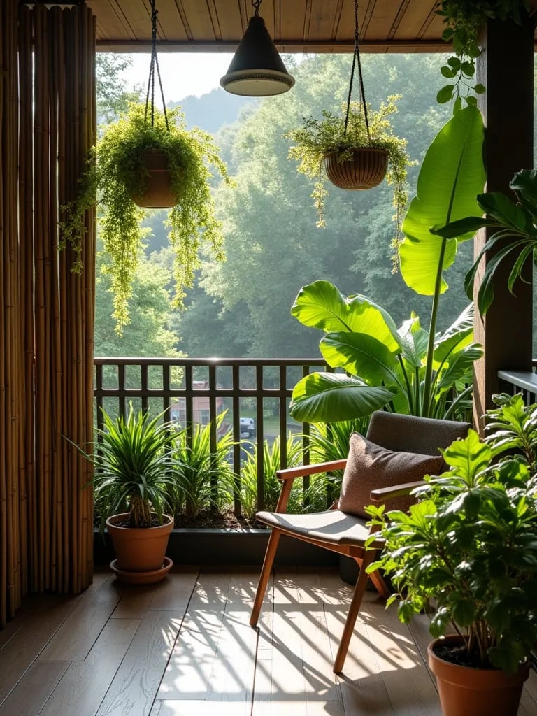 Lush balcony with hanging plants, bamboo screen, and water feature
