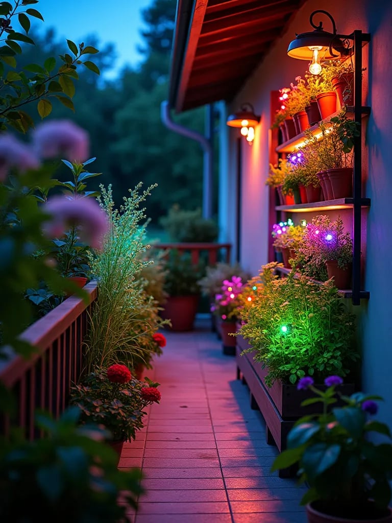 Lush balcony with illuminated vertical garden and hanging planters