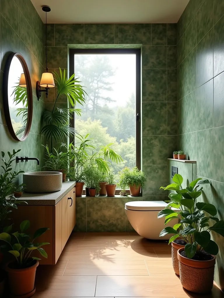 Lush bathroom featuring green leaf tiles, wood floor, and plants