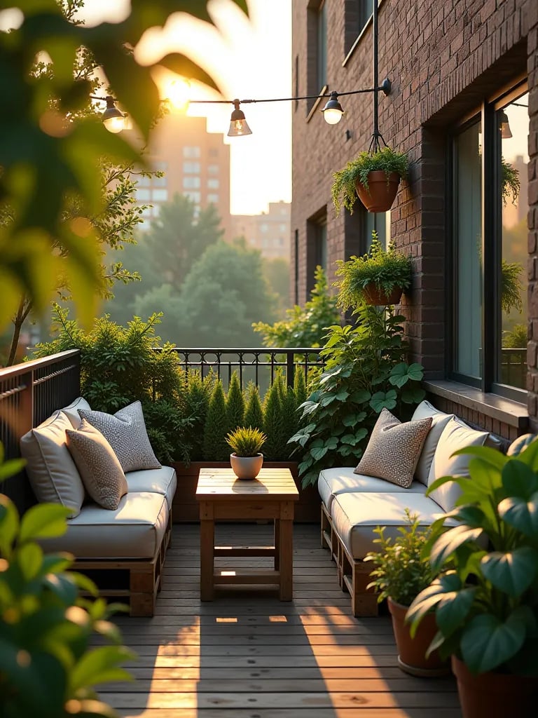 Lush urban balcony with vertical garden, compact furniture, and golden hour lighting