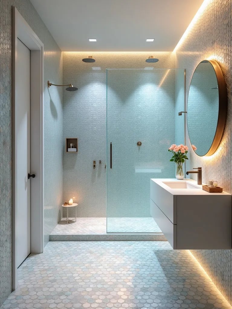 Luxe bathroom featuring shimmering mosaic tiles and floating vanity