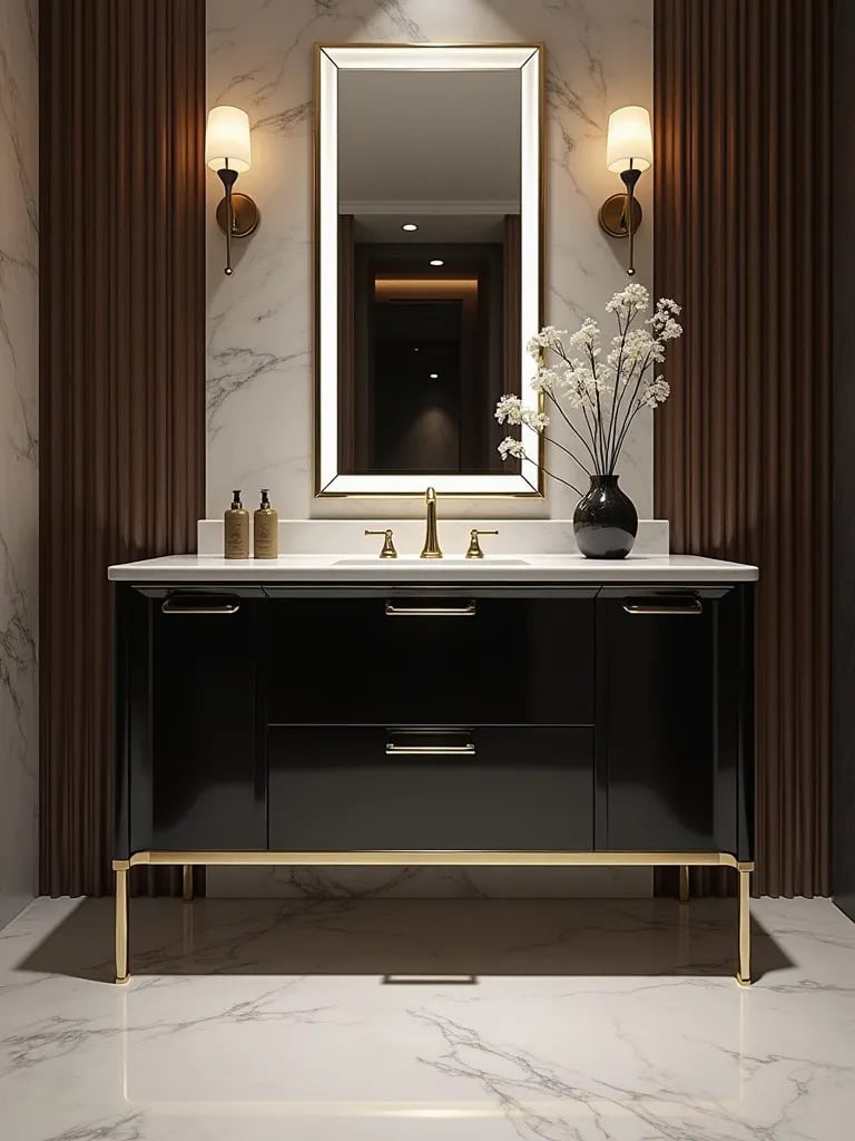 Luxe bathroom with glossy black double vanity and gold hardware