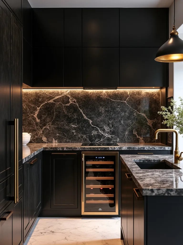 Luxe modern kitchen with marble details and glass wine fridge