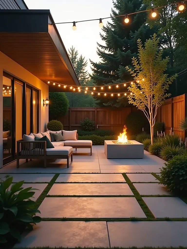 Luxurious DIY patio with modern pavers and ambient lighting at dusk