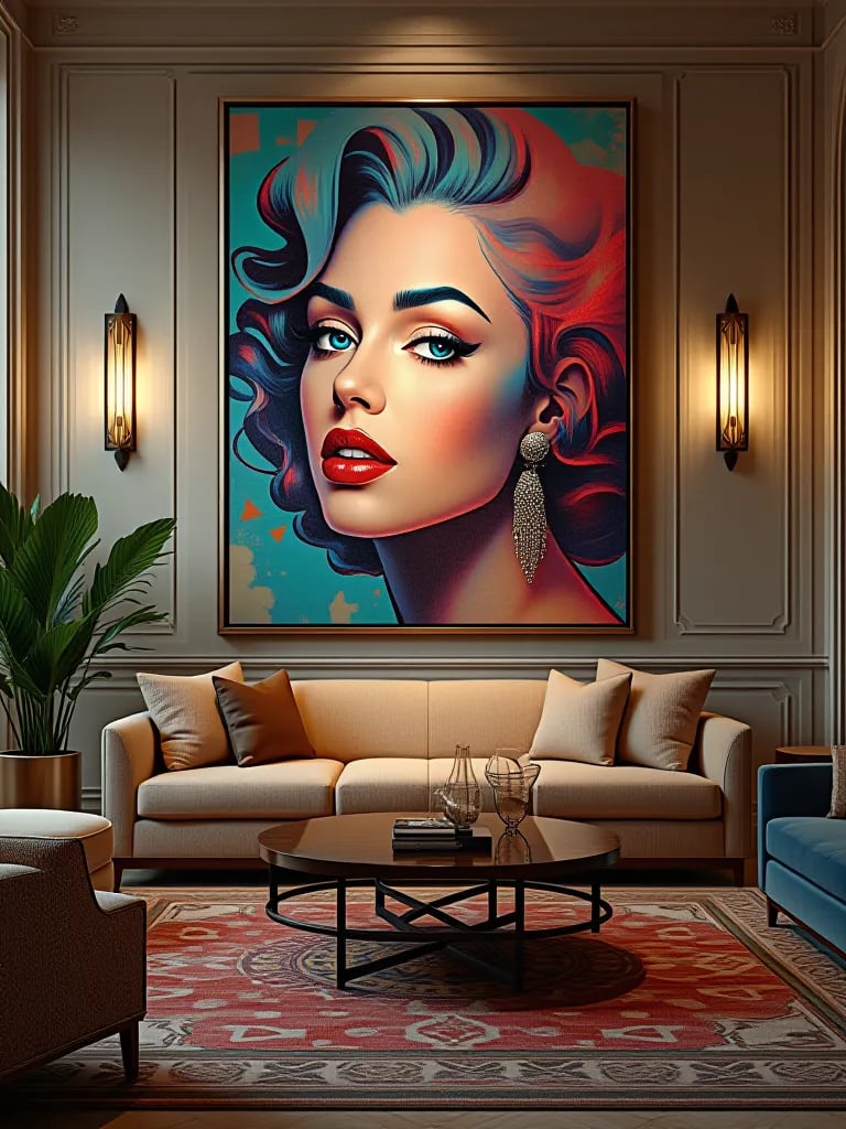 Luxurious art deco inspired room featuring oversized pop art and gold details