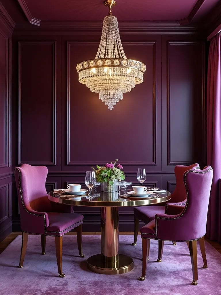 Luxurious dining area with purple walls, velvet chairs, and mirrored accents