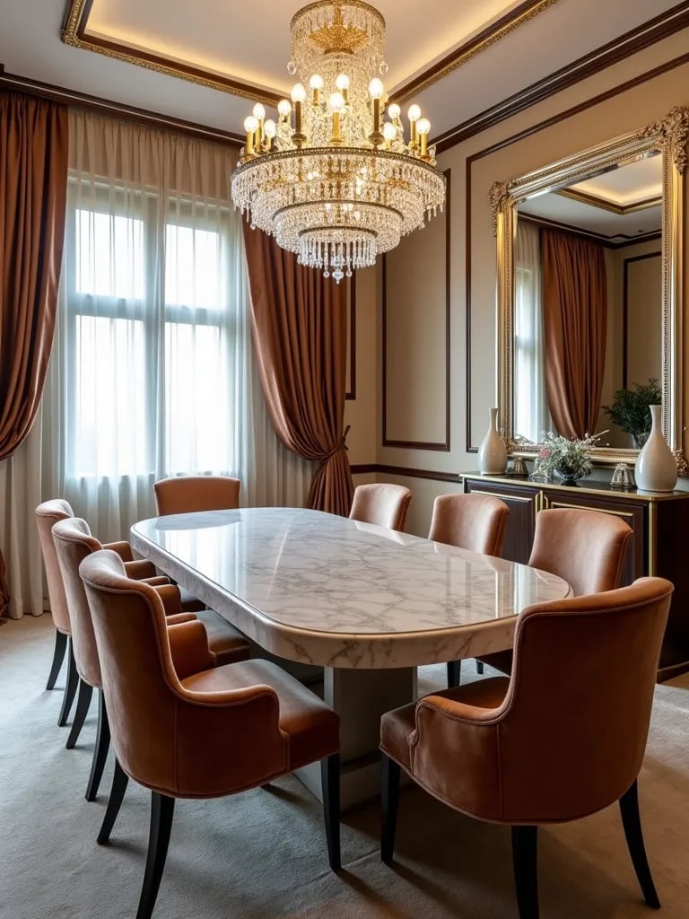 Luxurious dining room with oval marble table and velvet chairs