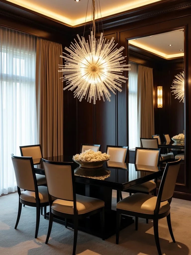 Luxurious dining space featuring dramatic sunburst chandelier with crystals