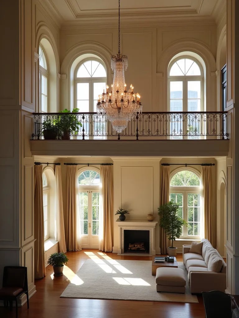 Luxurious double height living room with tall arched windows and chandelier