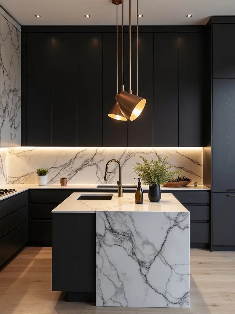 Luxurious kitchen with dark charcoal cabinets and gold fixtures