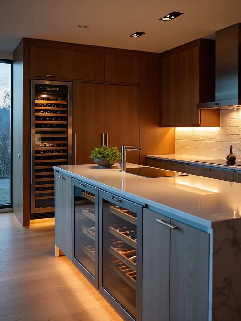 Luxurious kitchen with smart wine fridge and interactive cooking island