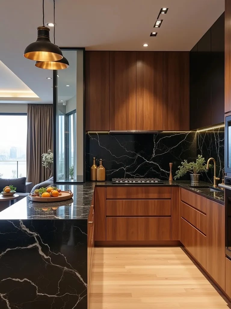 Luxurious kitchen with walnut cabinets and black marble backsplash
