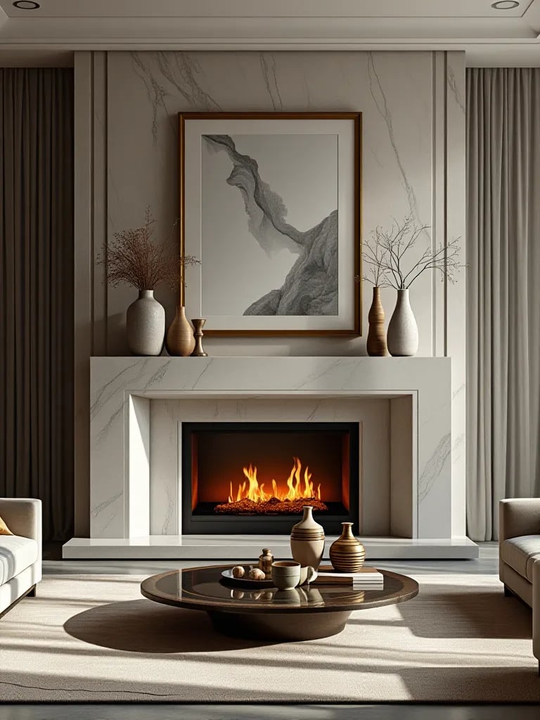 Luxurious living room featuring marble fireplace with designer accessories