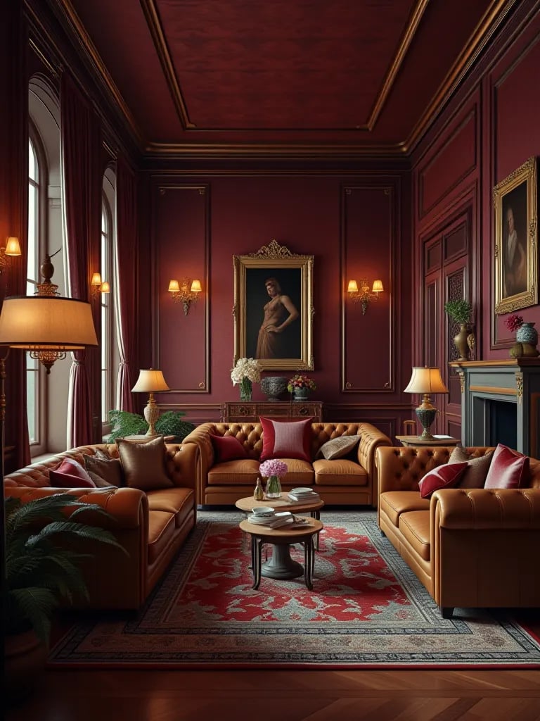 Luxurious living room with burgundy grasscloth walls and leather sofas