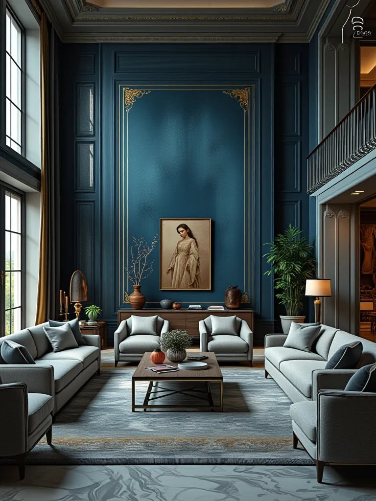 Luxurious living room with deep blue accent wall and gold metallic finish