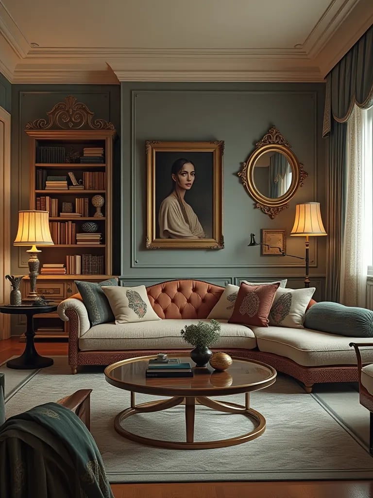 Luxurious living room with eclectic mix of vintage and modern decor